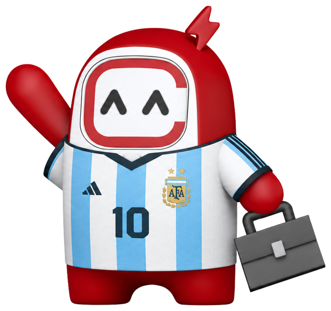 Cino, la mascota oficial de CNC Electric Argentina, con la camiseta de la Selección Argentina y un maletín